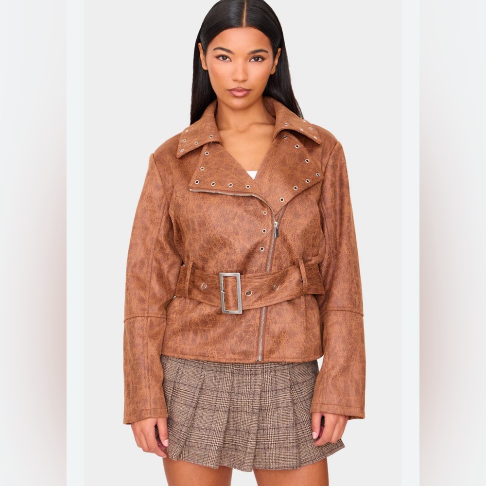 Pretty Little Thing Plus Faux Leather Full Zip Biker Jacket Brown Size 0‎ NWT
